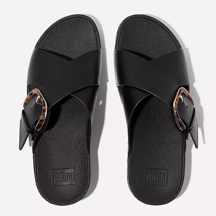 FitFlop Lulu Resin-Buckle Leather Cross Slides Black