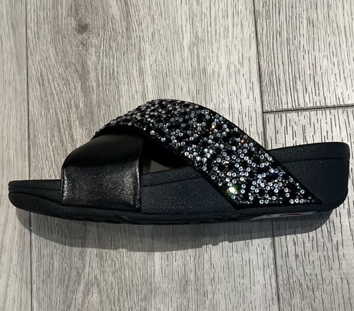 FitFlop Lulu Cross Slide Crystal-Mix Metallic All Black Slide