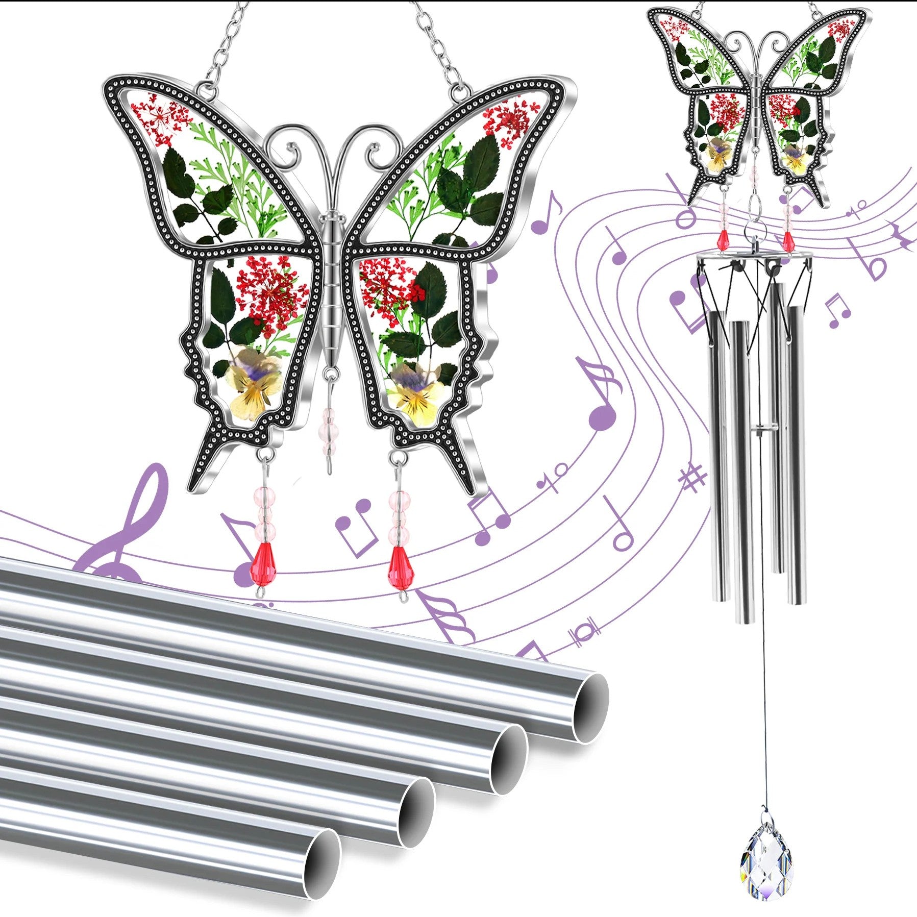 Handmade Glass Suncatcher with Real Flowers & Soothing Wind Chimes