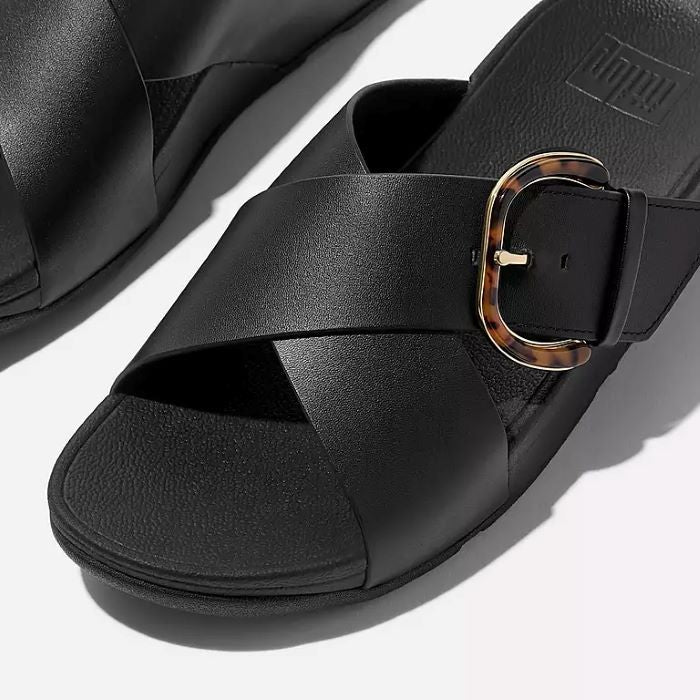 FitFlop Lulu Resin-Buckle Leather Cross Slides Black