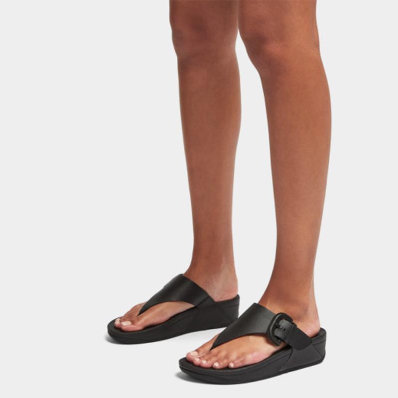 FitFlop Lulu Covered-Buckle Raw-Edge Leather in Black