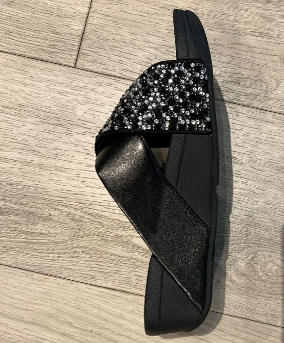 FitFlop Lulu Cross Slide Crystal-Mix Metallic All Black Slide
