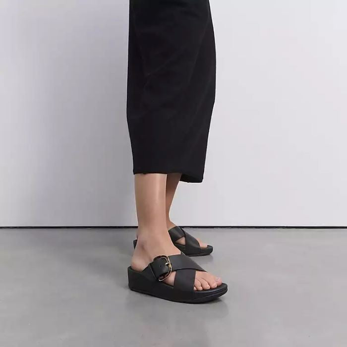 FitFlop Lulu Resin-Buckle Leather Cross Slides Black