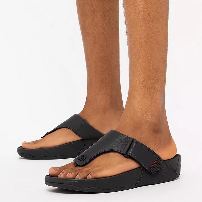 FitFlop Trakk II Mens Leather Toe-Post Sandals All Black Coconut