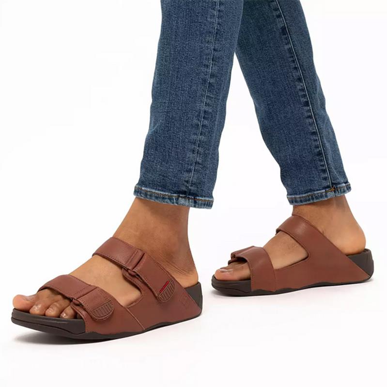 FitFlop Gogh Moc Mens Adjustable Leather Slide Dark Tan