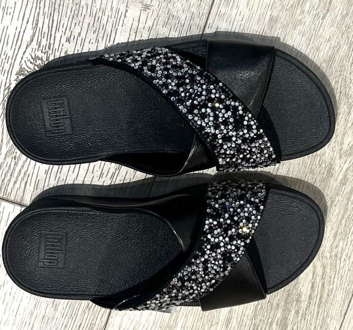 FitFlop Lulu Cross Slide Crystal-Mix Metallic All Black Slide