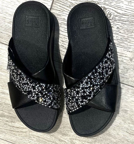 FitFlop Lulu Cross Slide Crystal-Mix Metallic All Black Slide