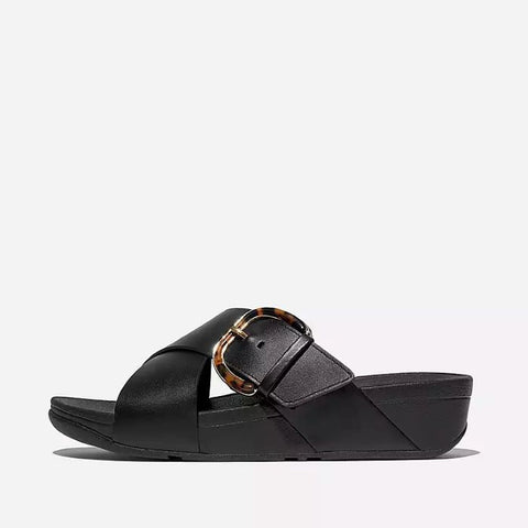 FitFlop Lulu Resin-Buckle Leather Cross Slides Black