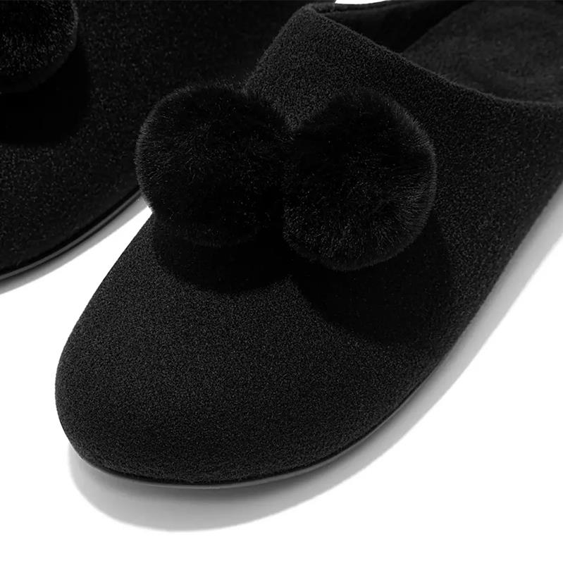 FitFlop Chrissie Pom-Pom Felt Slippers All Black