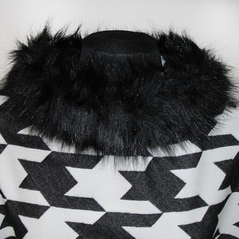 Fashion Patterned Poncho with Faux Fur Collar