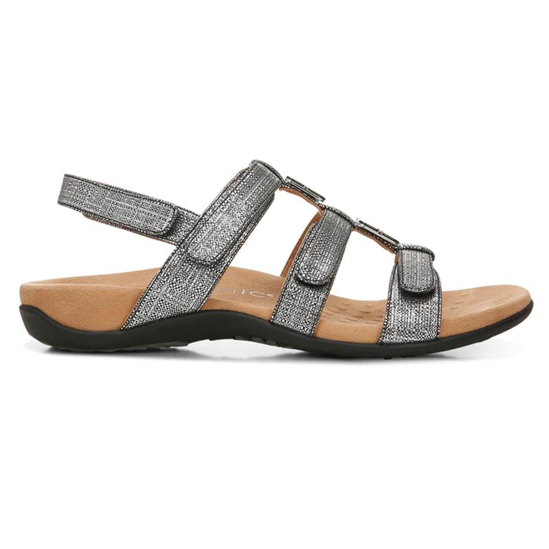 Vionic Amber Metallic Adjustable Sandal in Black Linen