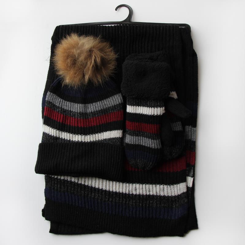 Knitted Striped Scarf, Hat and Mitt Set
