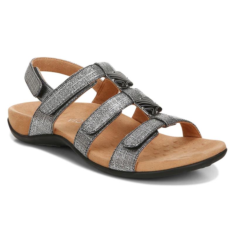 Vionic Amber Metallic Adjustable Sandal in Black Linen